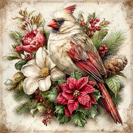 Cardinal bird surrounded by flowers and foliage on a textured background