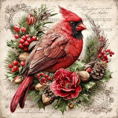 Red cardinal bird surrounded by flowers, berries, and pinecones on a decorative background.