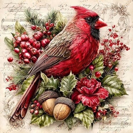 Red cardinal bird surrounded by berries, leaves, and flowers on a decorative background