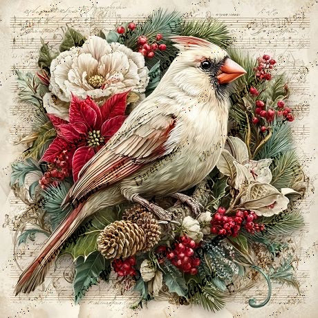 Cardinal bird surrounded by flowers, berries, and pinecones on a textured background
