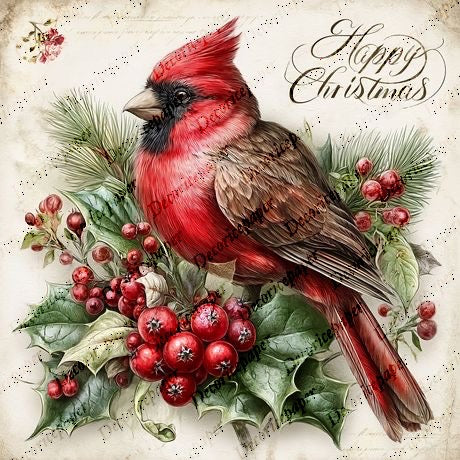 Red cardinal bird surrounded by holly berries and leaves with 'Happy Christmas' text.