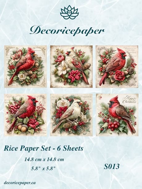 Decorative rice paper set with red cardinals and floral designs, branded 'Decoricepaper'.