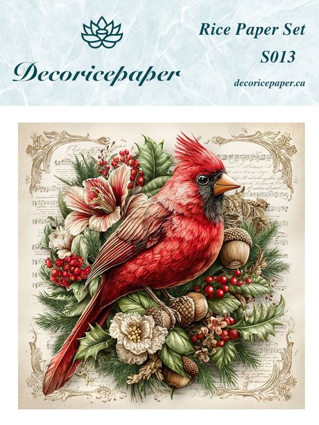 Decorative rice paper set with a red cardinal bird design, featuring the brand 'Decoricepaper'.
