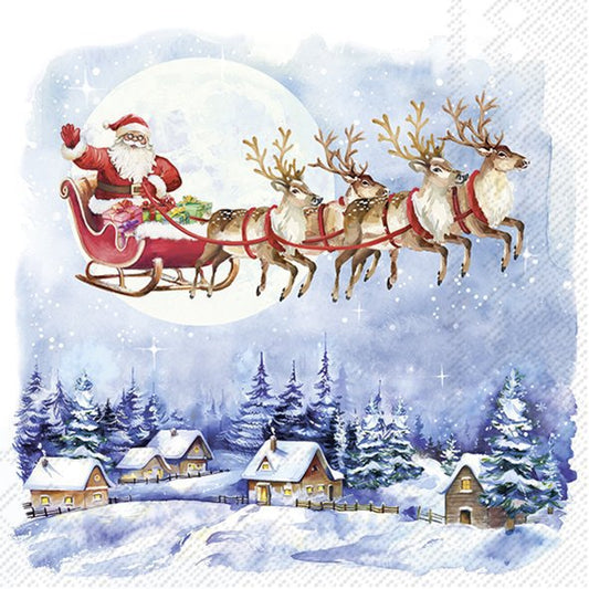 Santa Claus in a sleigh pulled by reindeer flying over a snowy village.