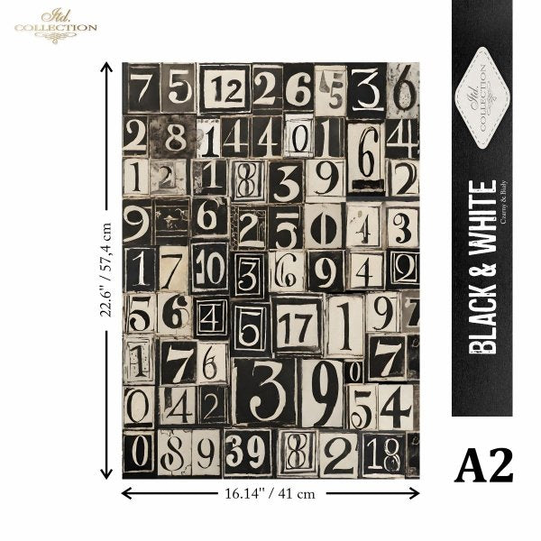 Black and white patterned paper with numbers, size A2, on a white background.