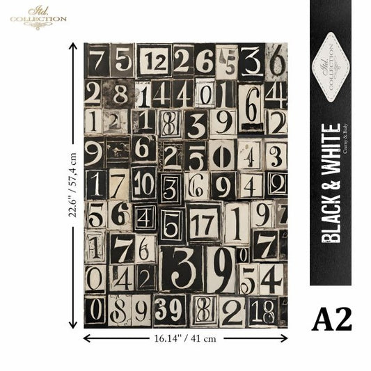 Black and white patterned paper with numbers, size A2, on a white background.