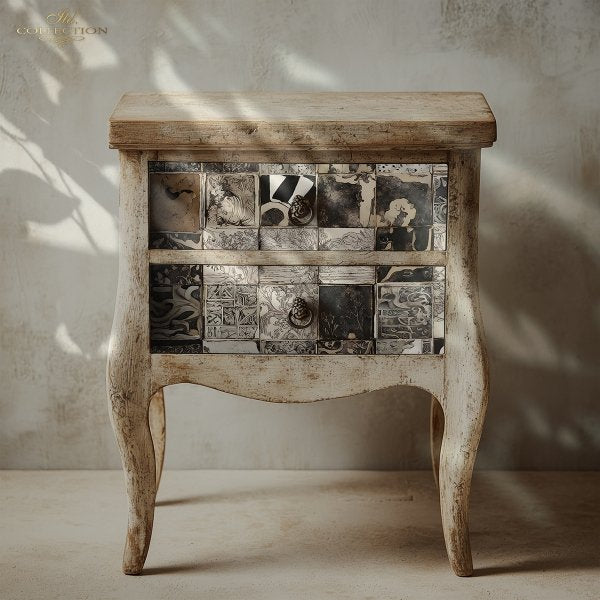 Wooden side table with mosaic pattern against a neutral wall