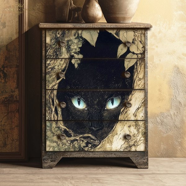 Decorative drawer with a black cat design on a textured wall background