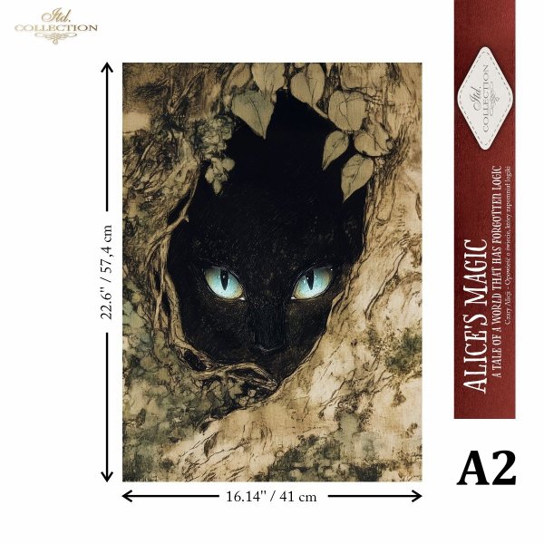 Black cat with glowing eyes from Alice’s Magic mulberry paper collection