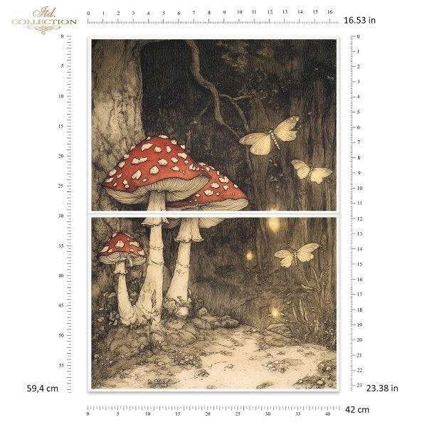 Woodland scene with mushrooms and butterflies on a white background with measurement scale.