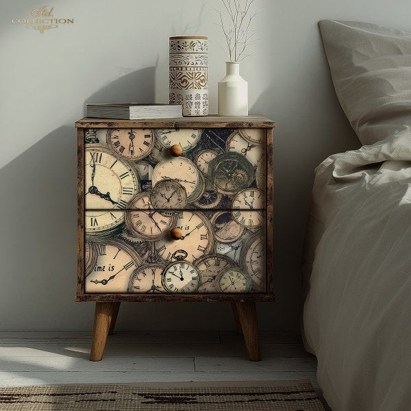 Wooden cabinet with clock face design next to a bed in a bedroom setting
