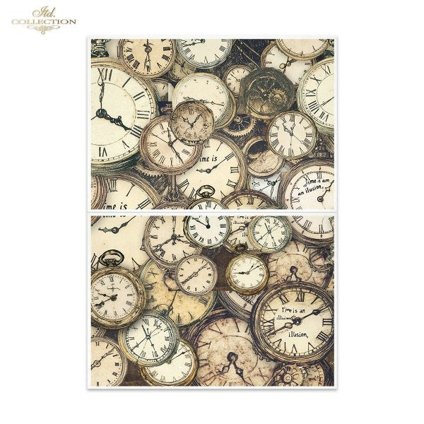 Vintage clock pattern with Roman numerals and text on a white background