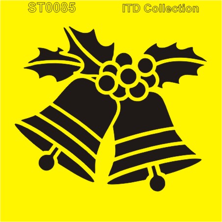 Black silhouette of bells with holly leaves and berries on a yellow background.