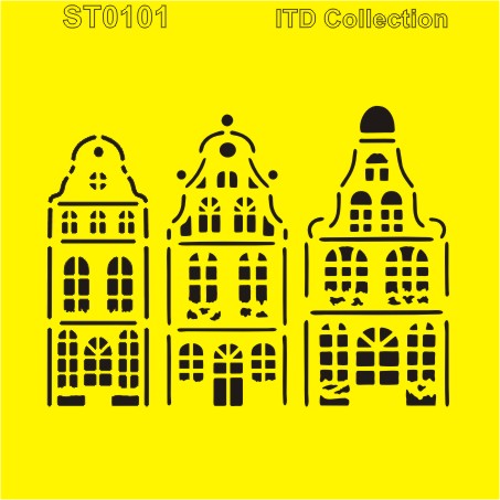 Decorative stencils of houses on a yellow background.