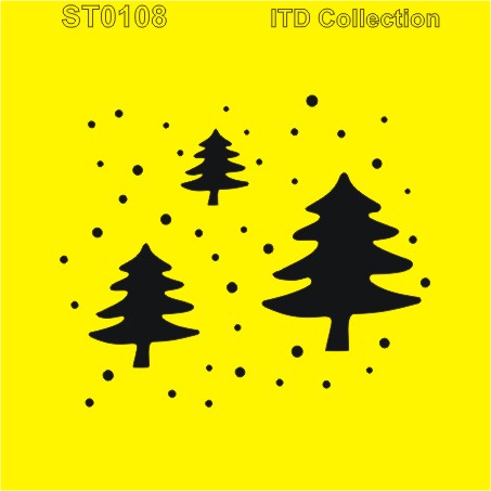Black silhouette of trees and dots on a yellow background.