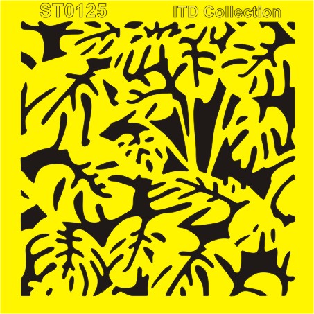 Decorative stencil with black leaf pattern on a yellow background.