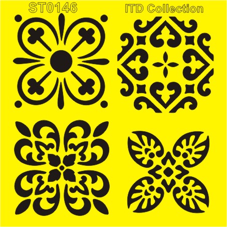 Black floral and geometric patterns on a yellow background.