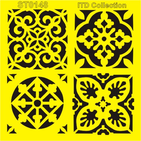 Decorative tile pattern with black designs on a yellow background.
