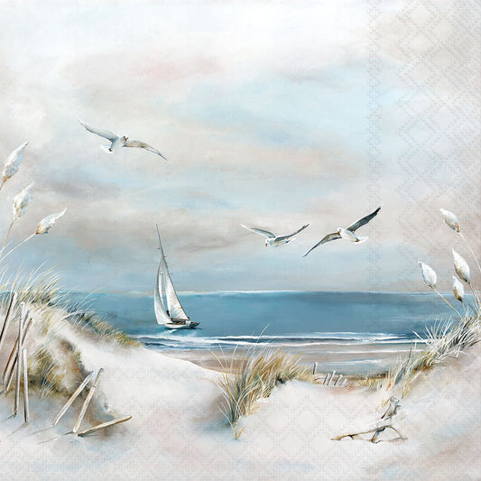 Seaside scene with sailboat, birds, and sand dunes