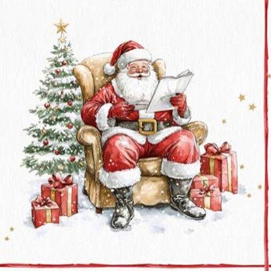 Santa Claus sitting in a chair with a Christmas tree and presents in the background.