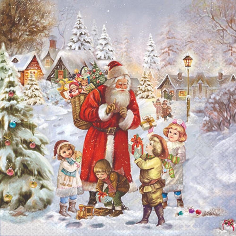 Vintage-style Christmas scene with Santa Claus and children in a snowy village.