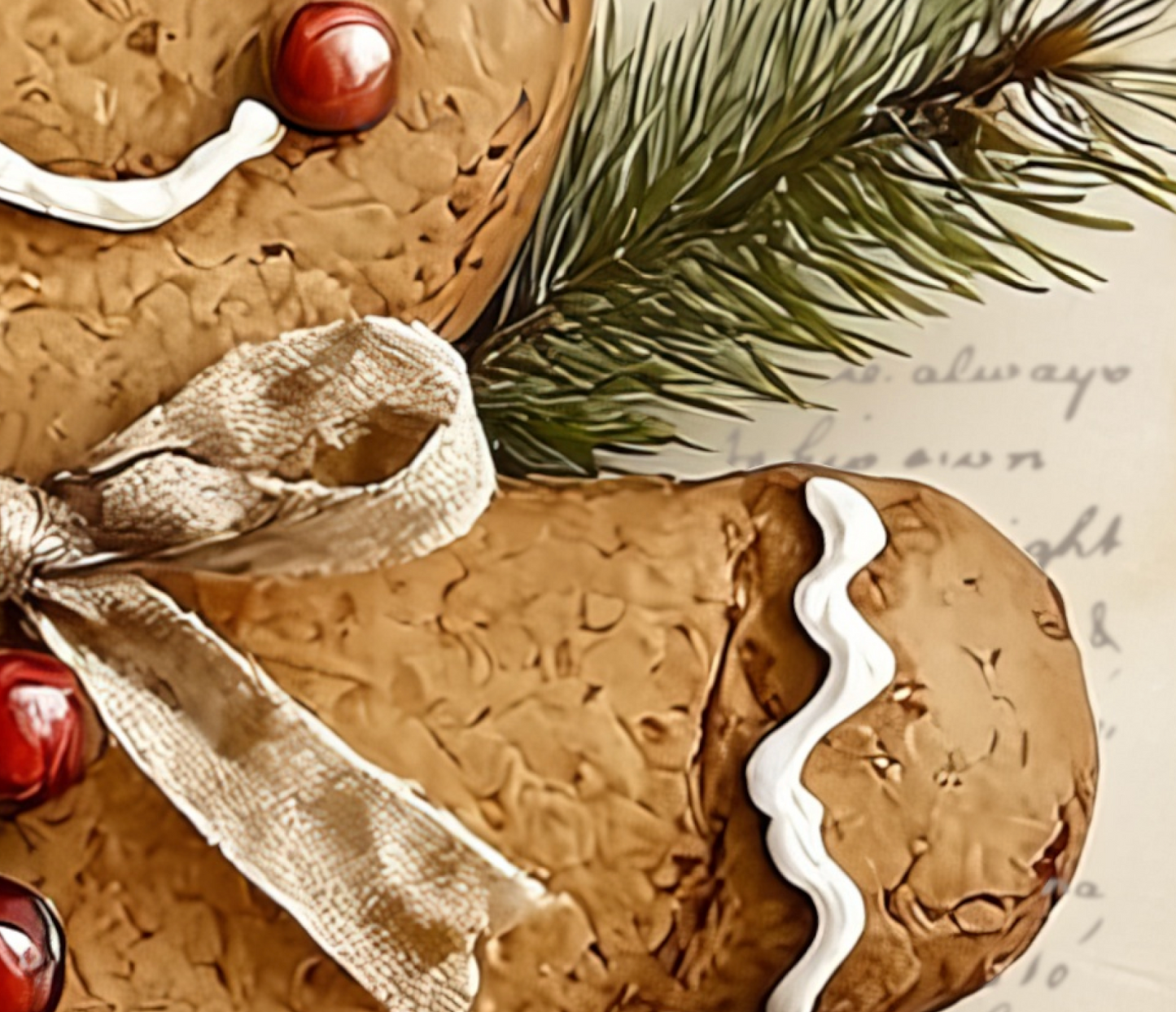 Close-up of gingerbread cookies with icing and a bow on a textured background