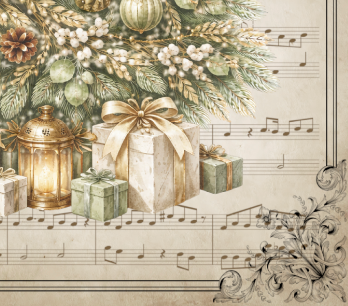 Decorative Christmas scene with presents, lantern, and music sheet