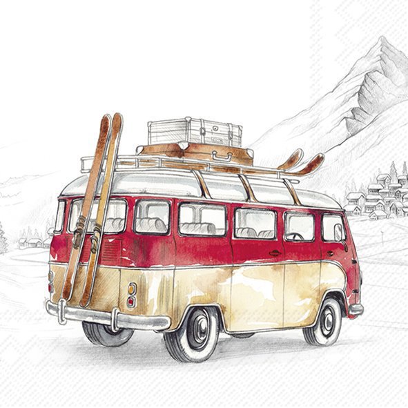 Illustration of a vintage van with luggage and skis against a mountainous background