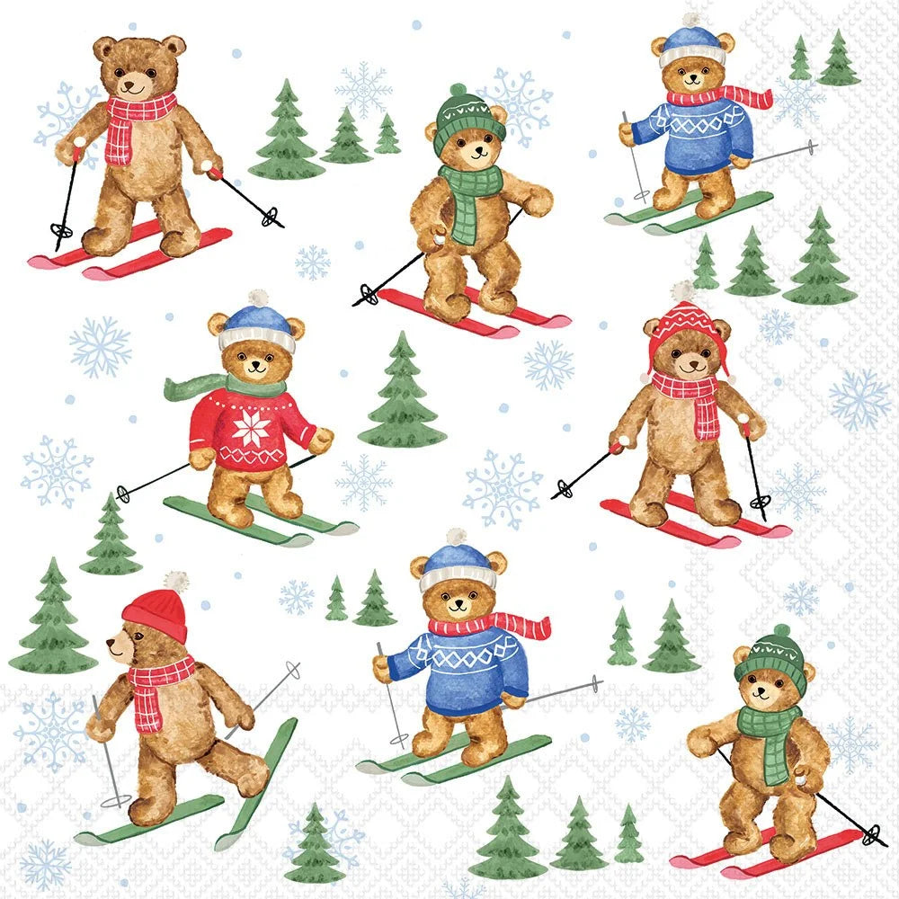 A repeating watercolor pattern of teddy bears skiing in winter outfits, with pine trees and snowflakes on a white background.