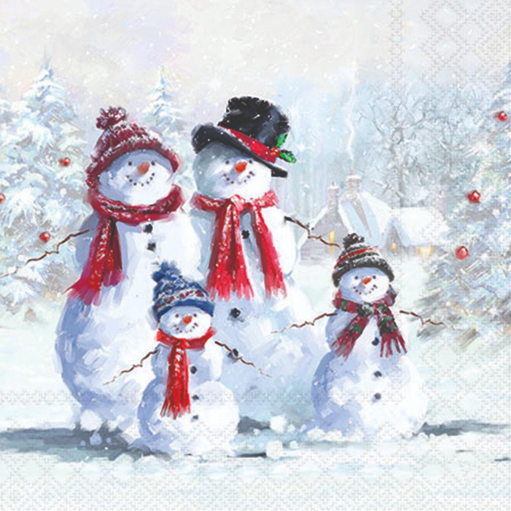 Four snowmen with scarves standing in a snowy landscape with trees and red berries.