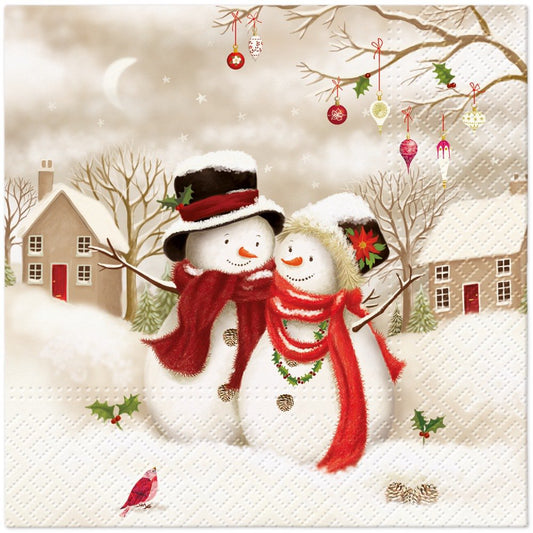 Two snowmen with scarves and hats in a snowy scene with trees and houses.
