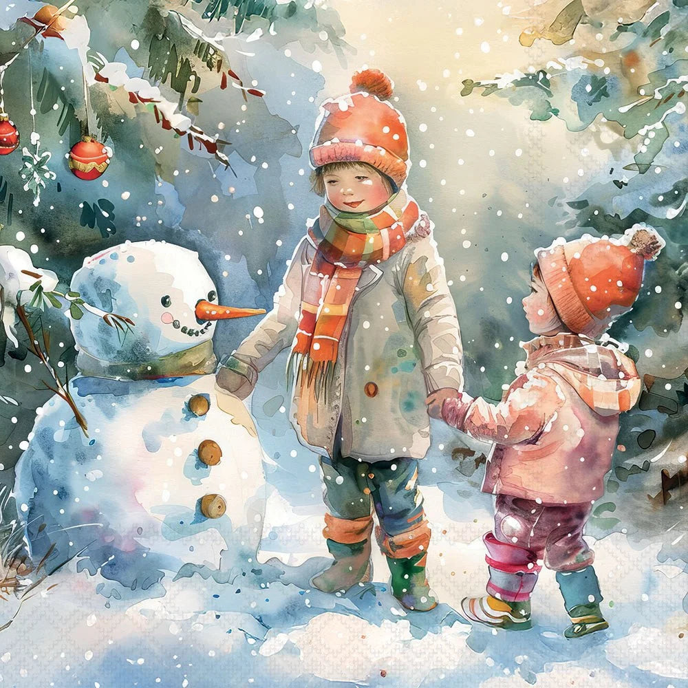 Watercolor-style winter scene showing two children in warm knit hats, scarves, and jackets standing in snow beside a snowman, with falling flakes and holiday ornaments in the background.