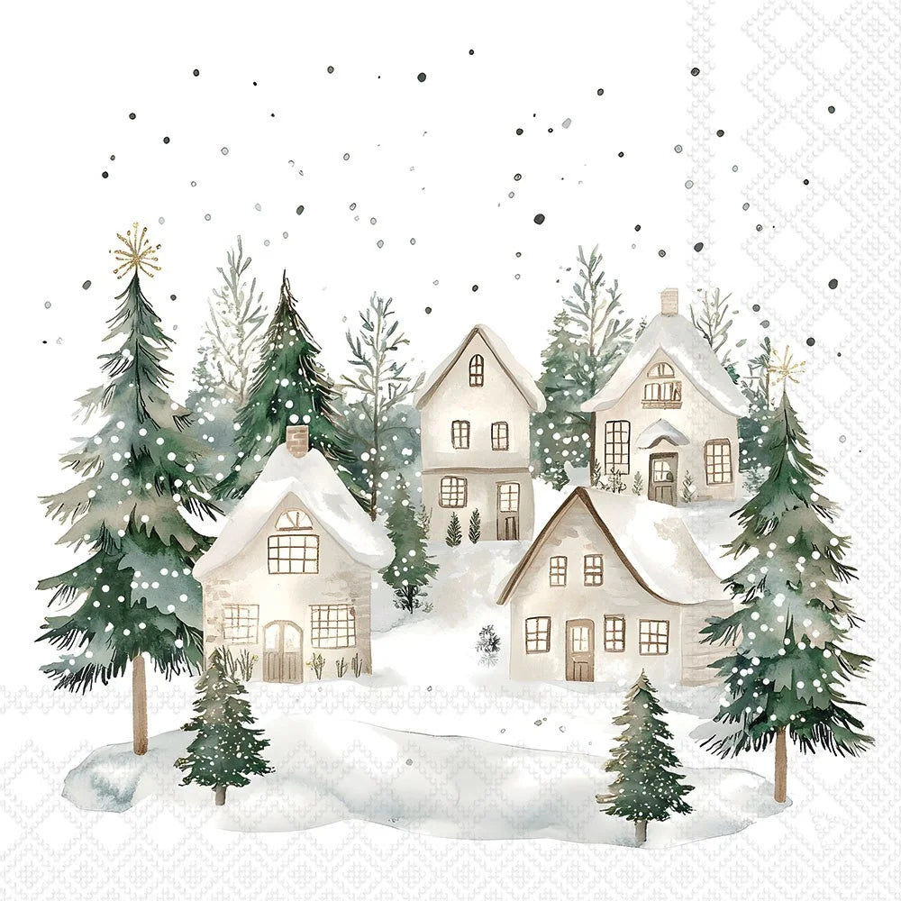 Winter scene with snow-covered houses and trees on a white background