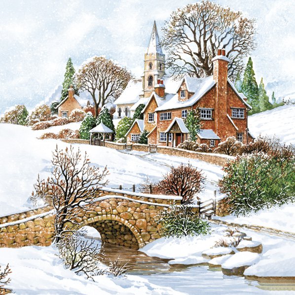 Snowy village scene with a church, houses, and a bridge over a stream.