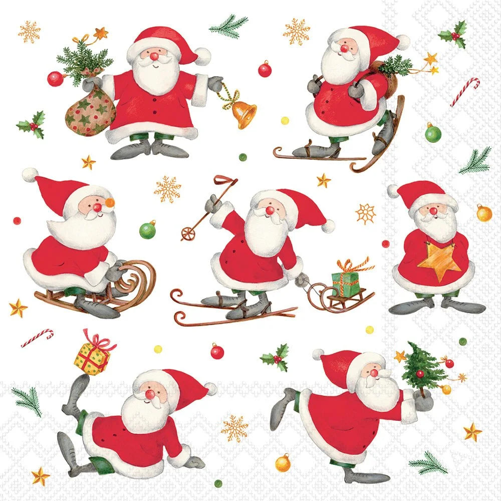 A festive Christmas illustration featuring multiple cartoon Santa Claus figures in red and white outfits, shown in different poses with gifts, sleighs, snowflakes, ornaments, candy canes, and green pine branches on a white patterned background.