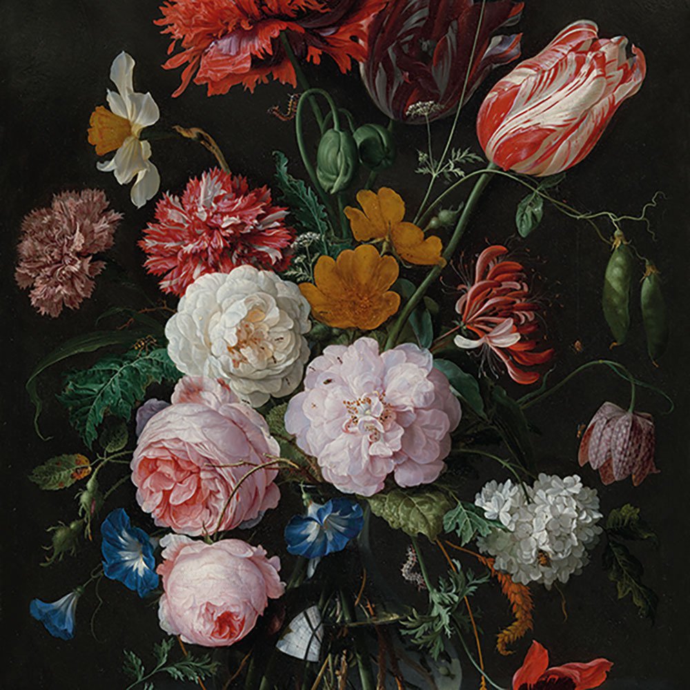 Detailed painting of a bouquet of flowers with a dark background