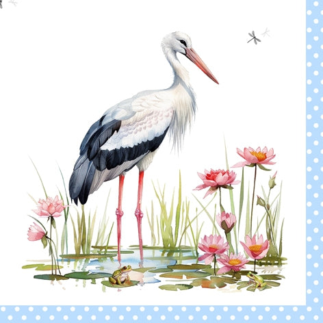 White stork standing in water with pink lotus flowers and a blue polka dot border.