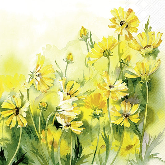Watercolor painting of yellow flowers with a soft focus background