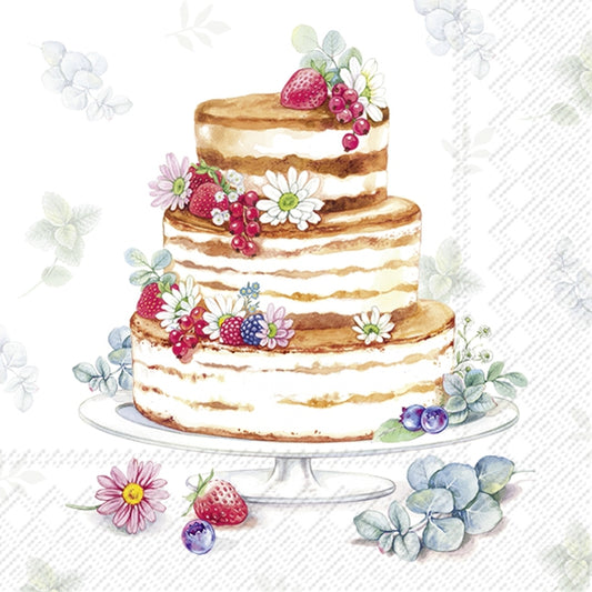 Decorative paper napkin with a cake design featuring flowers and berries on a white background.