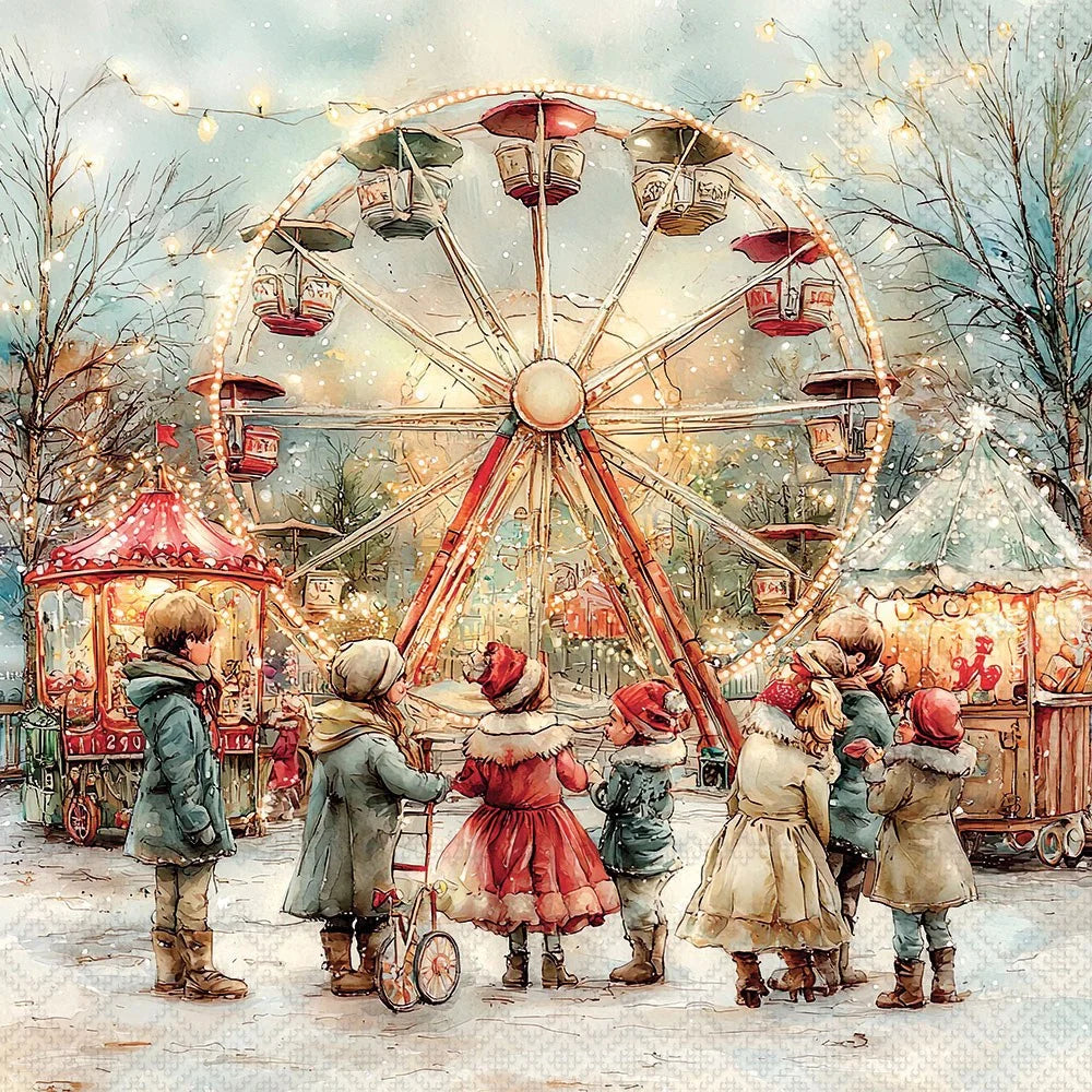 A festive winter fair scene with children in winter coats gathered around a large illuminated Ferris wheel and market stalls, rendered in a soft, painterly style with warm string lights and snow on the ground.