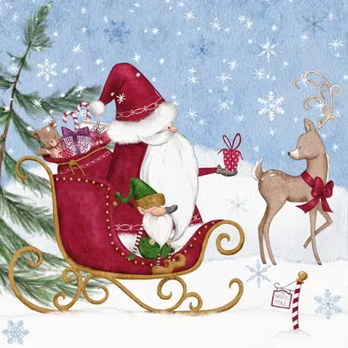 Christmas scene with Santa Claus in a sleigh, reindeer, and snowflakes.