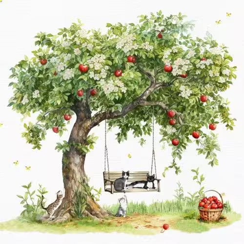 Illustration of a tree with apples, a swing with cats, and a basket of apples on a white background.