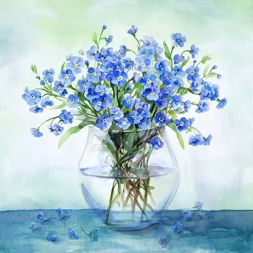 Bouquet of blue flowers in a clear vase on a light background