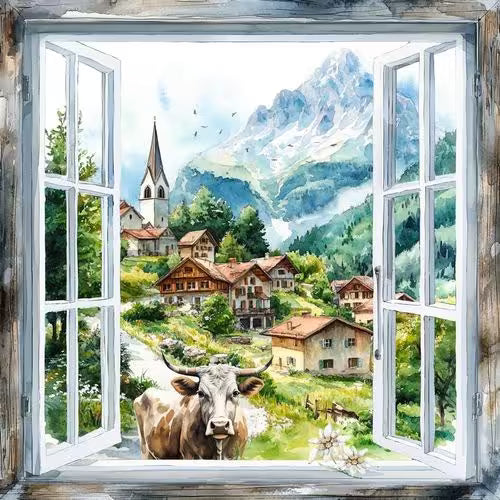 Painting of a cow in a mountain village seen through an open window.