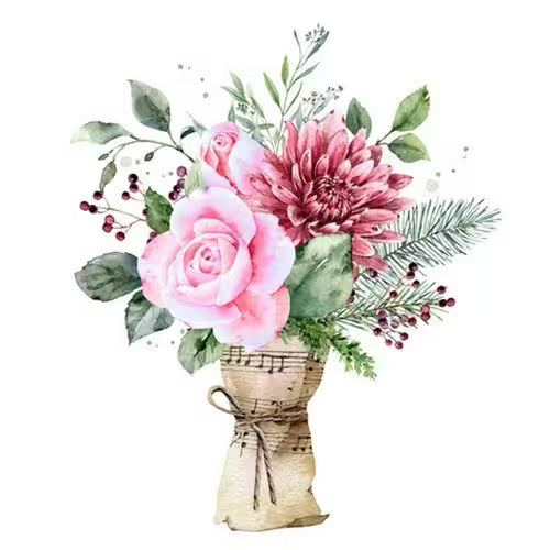 Floral arrangement with pink flowers and green leaves