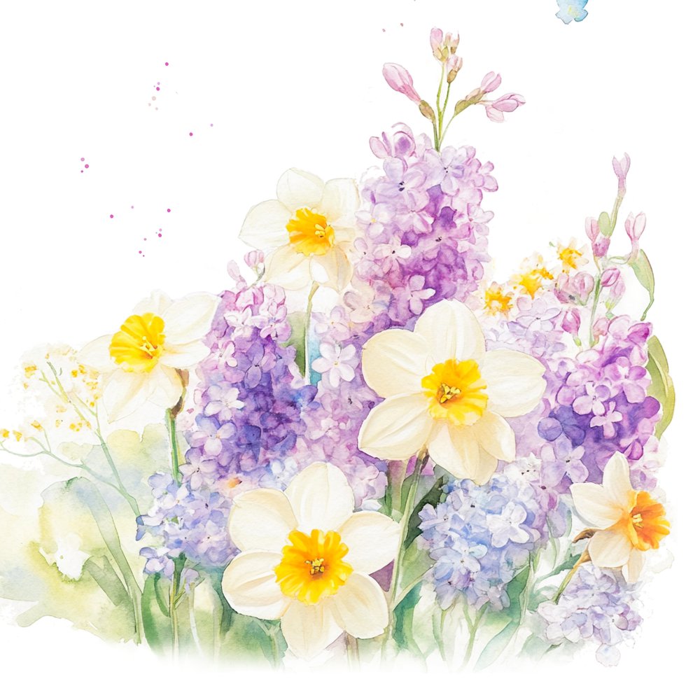 Colorful bouquet of flowers with purple and yellow flowers on a white background