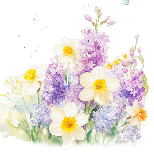 Colorful bouquet of flowers with purple and yellow flowers on a white background