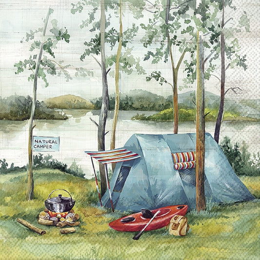 Camping scene with a tent, kayak, and campfire by a lake