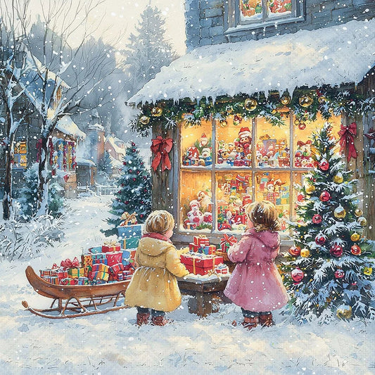 Two children in winter clothing looking at a Christmas display in a shop window with snow falling.