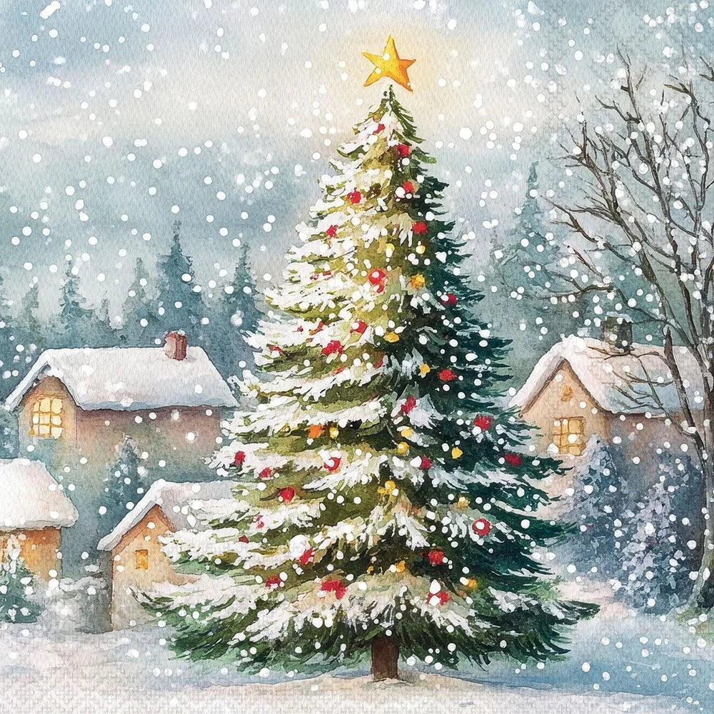 Watercolor-style Christmas scene with a snow-covered evergreen tree decorated with red and yellow ornaments and a gold star on top, set in a snowy village with small houses and falling snow.